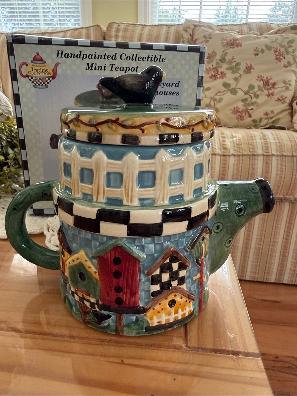 Vintage Sakura Debbie Mumm Handpainted BACKYARD BIRDHOUSES Mini Teapot in Box